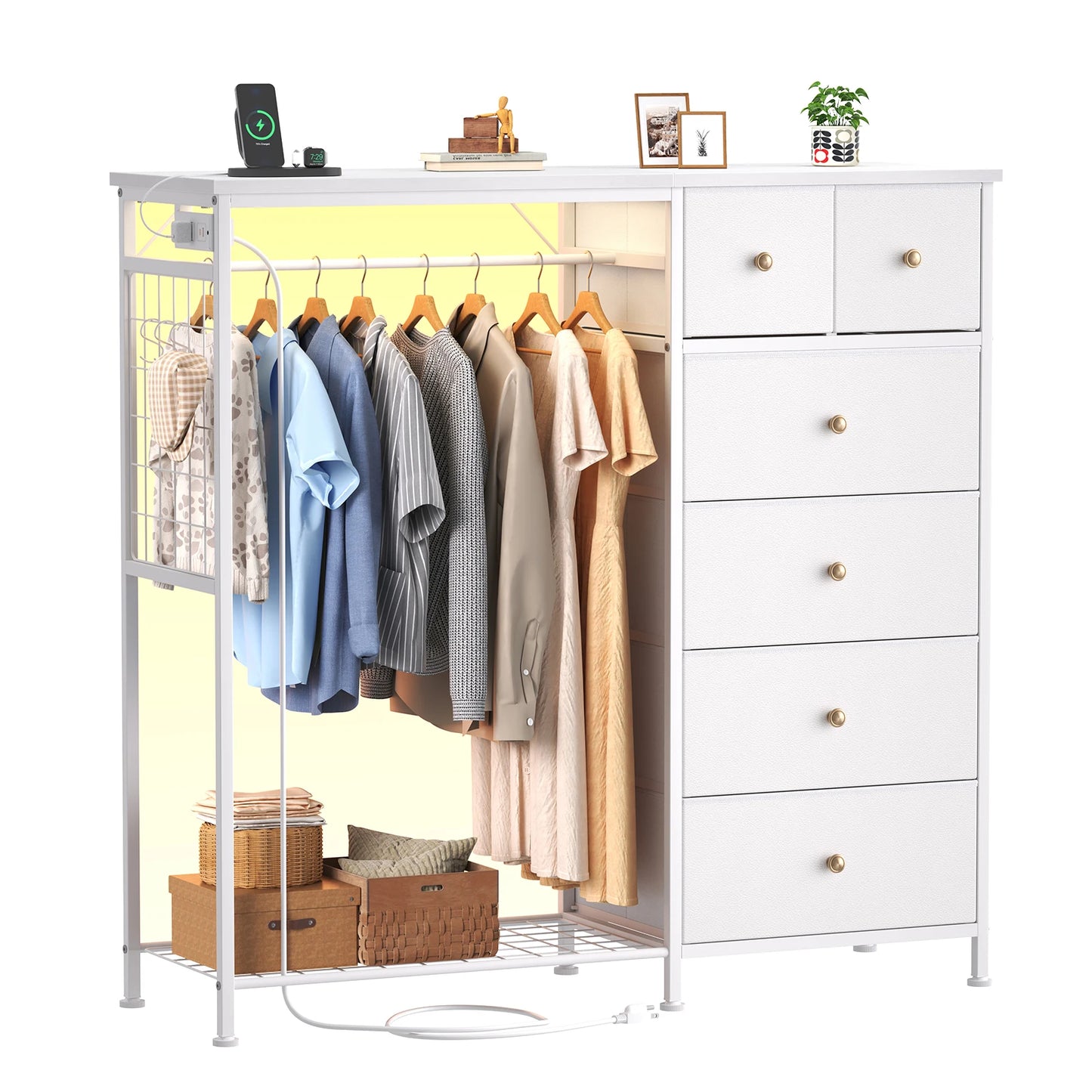 JHK Fabric Dresser With Hanging Rack Charging Station LED Lights