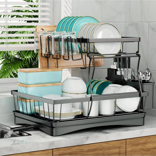 Removable Two Tier Dish Drying Rack For Kitchen Countertops