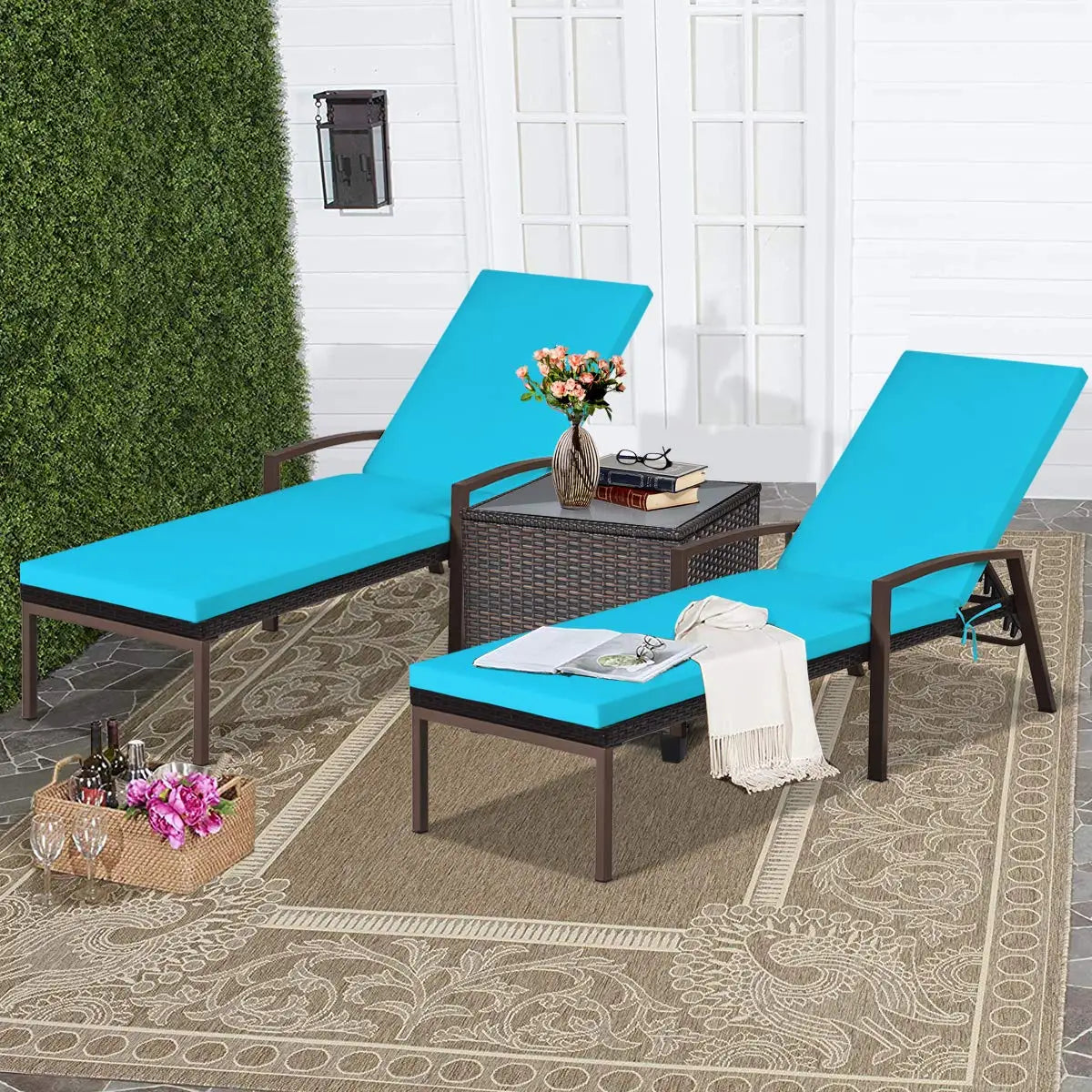 Patio Rattan Chaise Lounge Two Piece Set With Cushioned Armrests