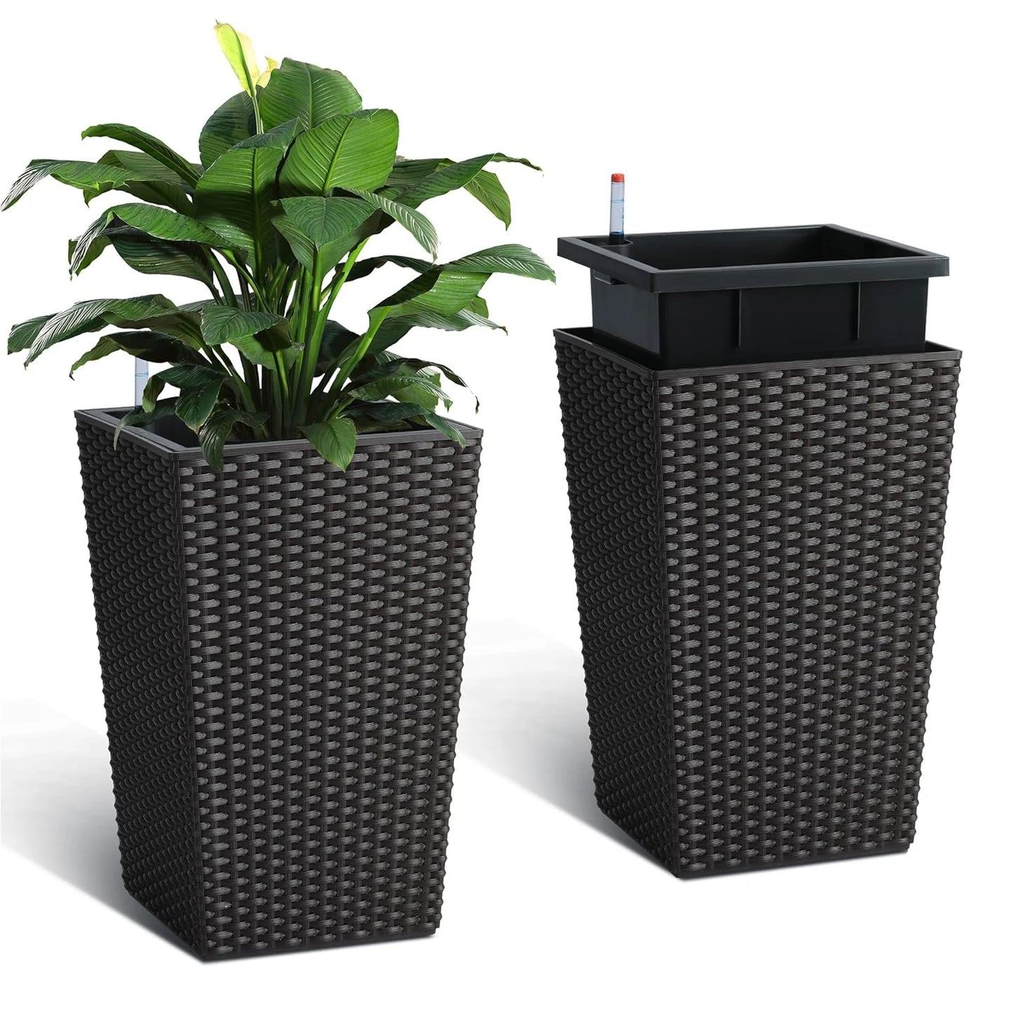 DishyKooker Rattan Planter Set With Water Level Monitor And Wheels