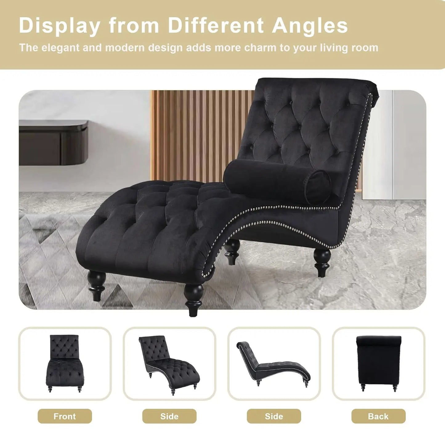 Armless Velvet Chaise Lounge Chair With Tufted Back And Pillow