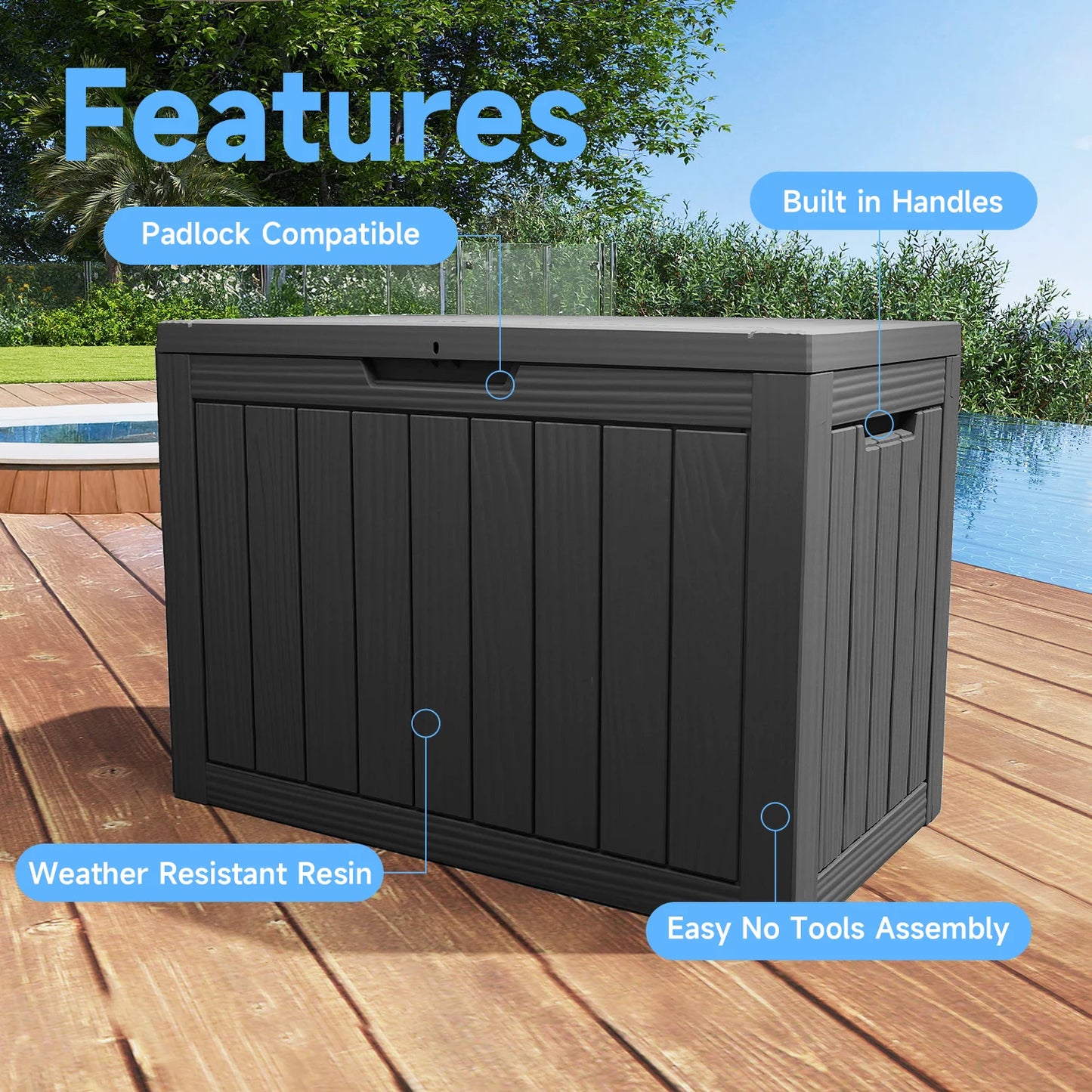 45 Gallon Waterproof Outdoor Resin Storage Box Lockable Deck Box