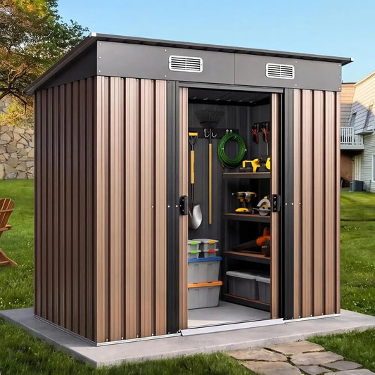 Outdoor Metal Storage Shed With Lockable Door And Sloped Roof