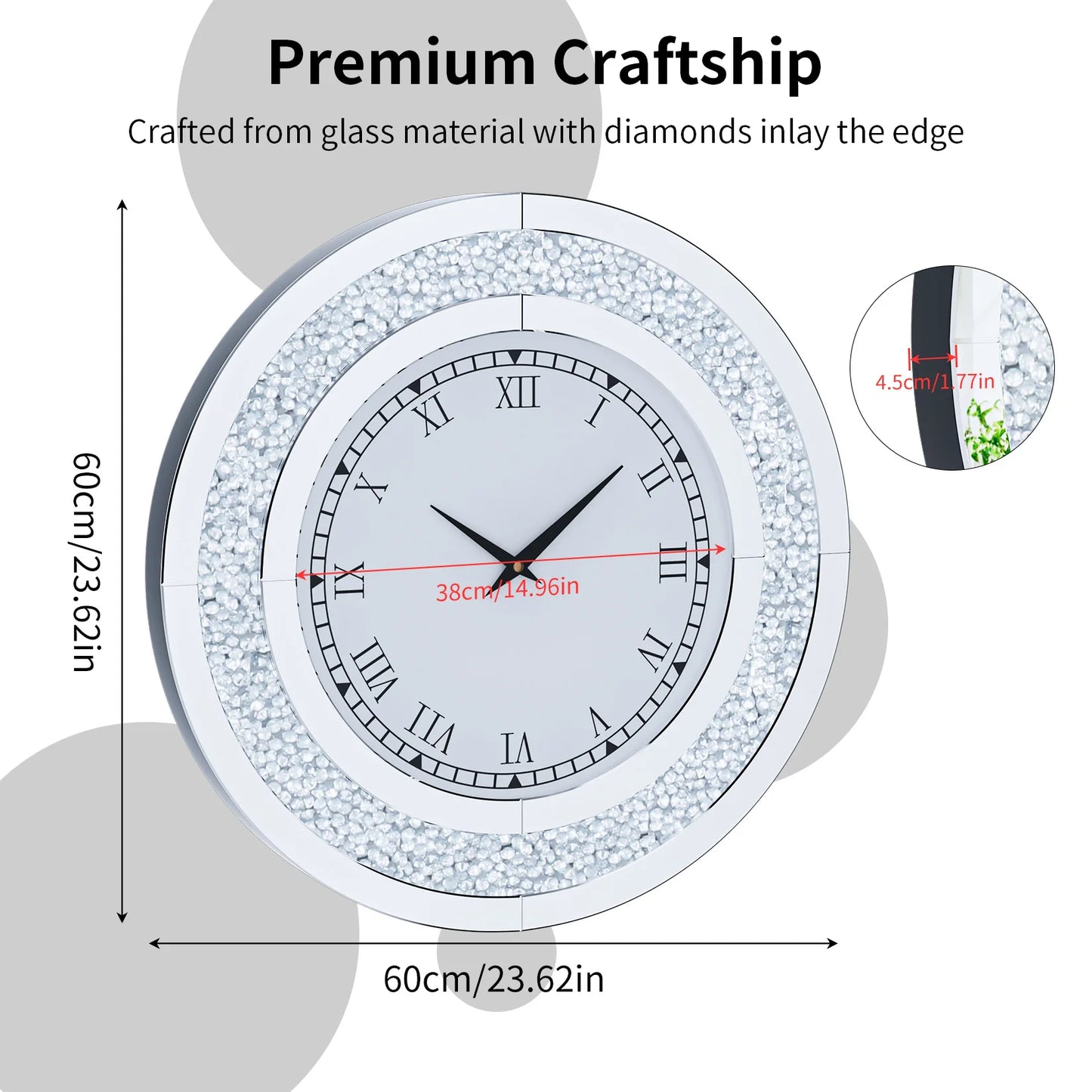 Round Mirror Clock With Crystal Accents For Wall Decor