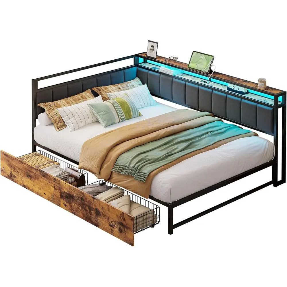 Corner Daybed With Storage LED Light And Charging Station