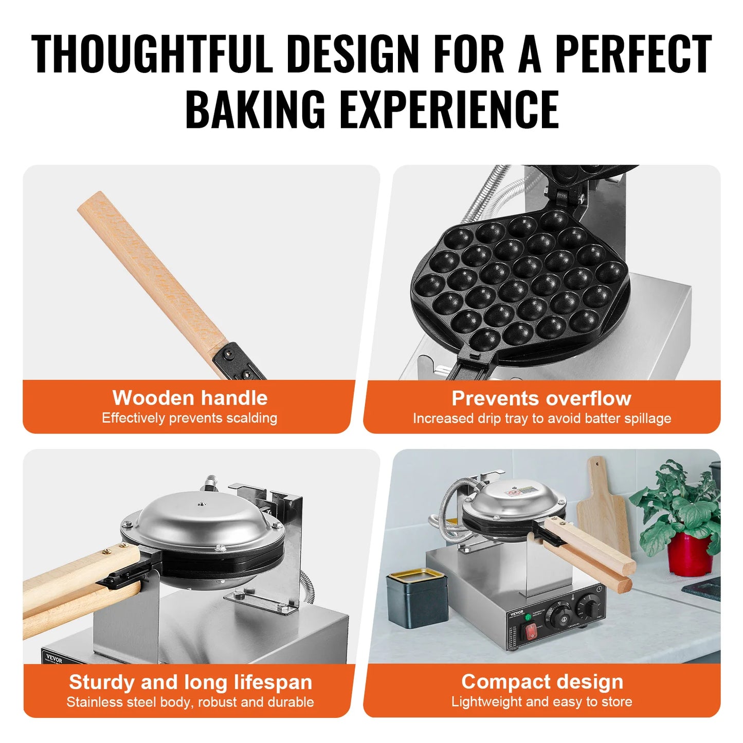 SucceBuy Commercial Egg Bubble Waffle Maker 1400W Nonstick Rotatable Two Pan