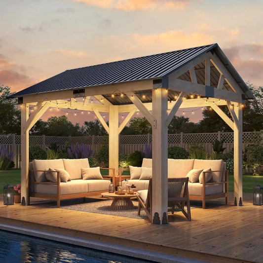 Cedar Wood Gazebo With Waterproof Steel Roof For Outdoor Patio