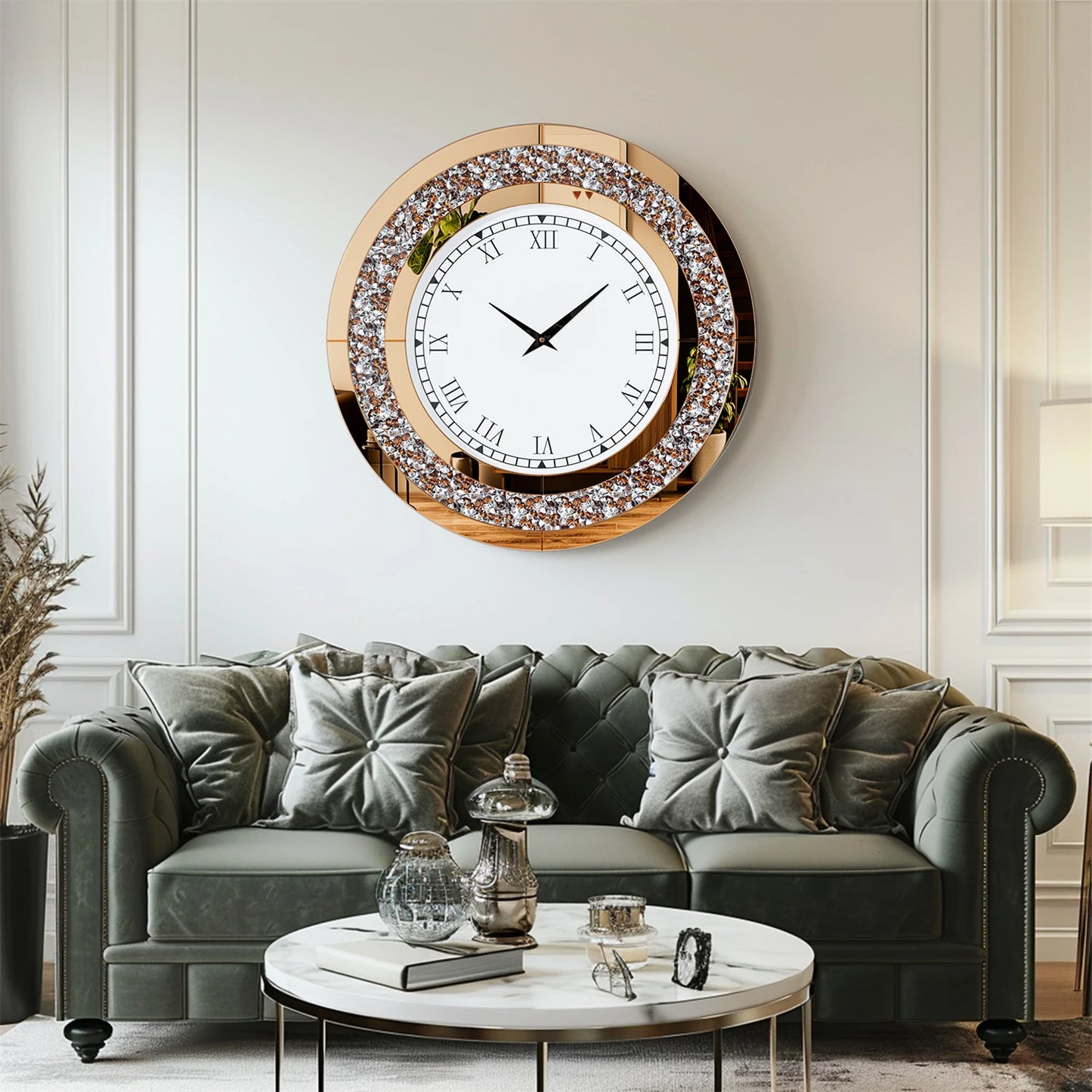 Round Mirror Clock With Crystal Accents For Wall Decor