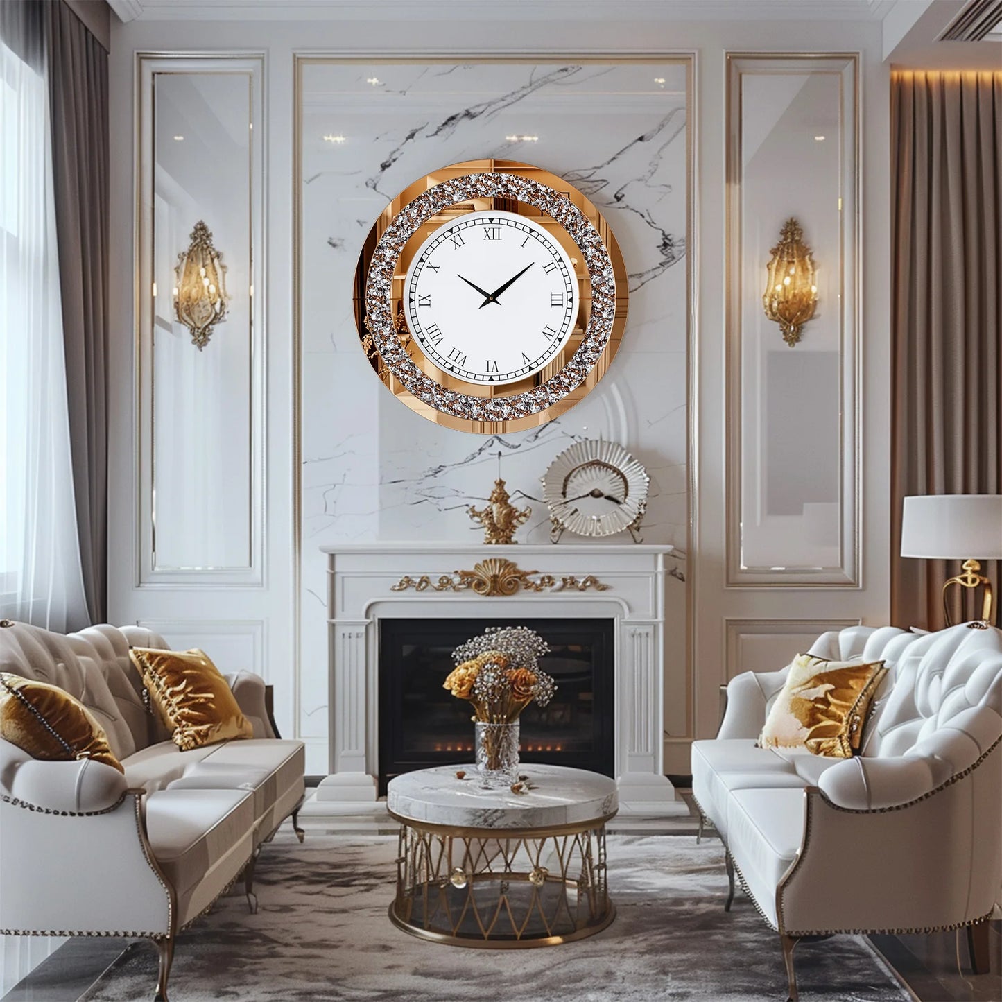 Round Mirror Wall Clock With Crystal Sparkle Finish