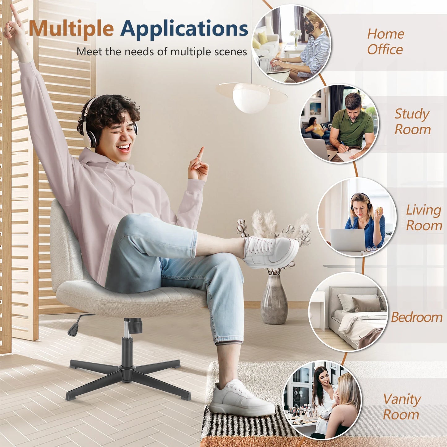 JHK Cross Legged Office Rocking Chair With Adjustable Swivel Desk