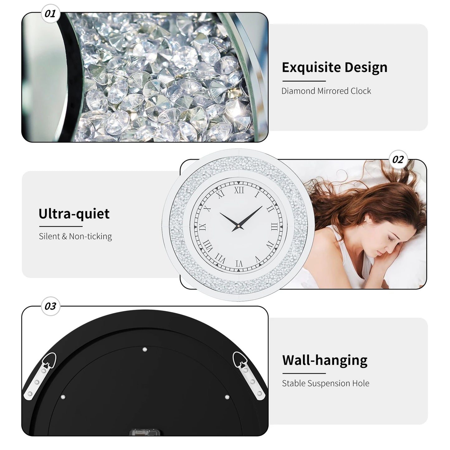 Round Mirror Clock With Crystal Accents For Wall Decor