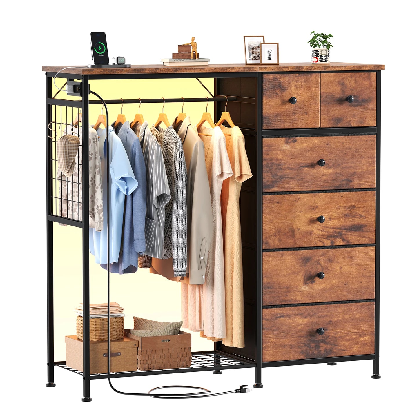 JHK Fabric Dresser With Hanging Rack Charging Station LED Lights