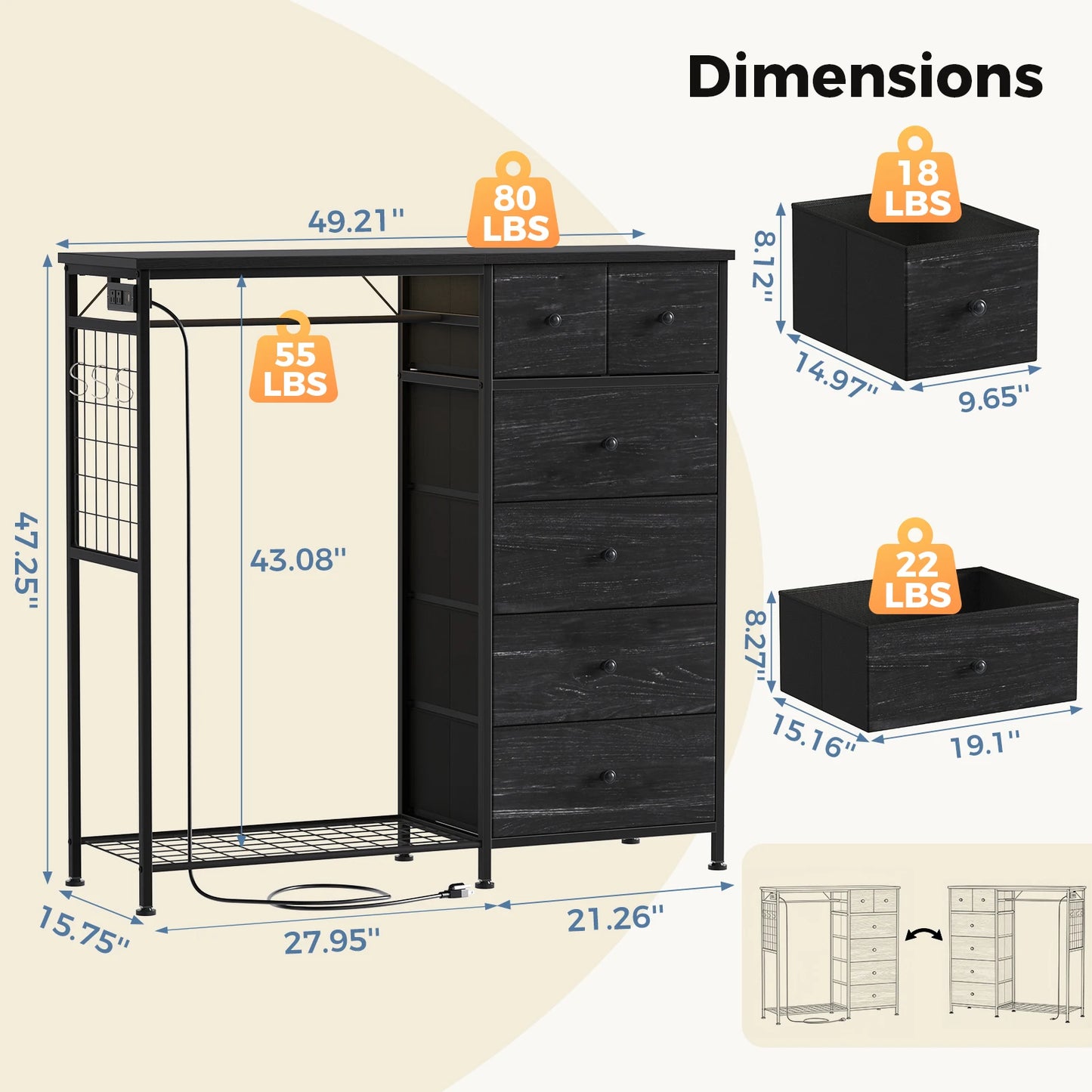 JHK Fabric Dresser With Hanging Rack Charging Station LED Lights