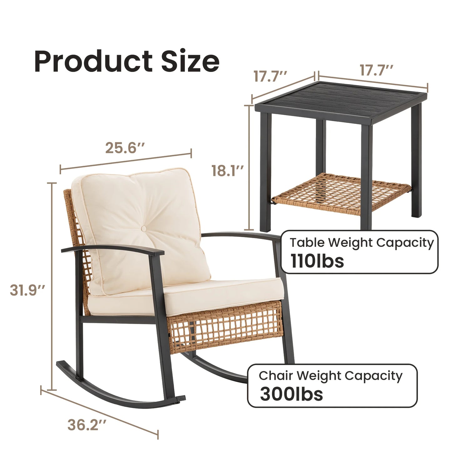 PIYRQ Rattan Rocking Chair Set Outdoor Patio Wicker Glider Seating