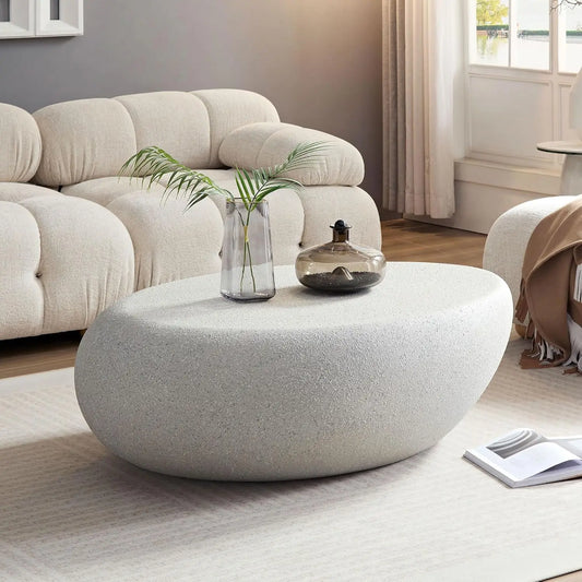 Oval Faux Stone Coffee Table Fiberglass Minimalist No Assembly