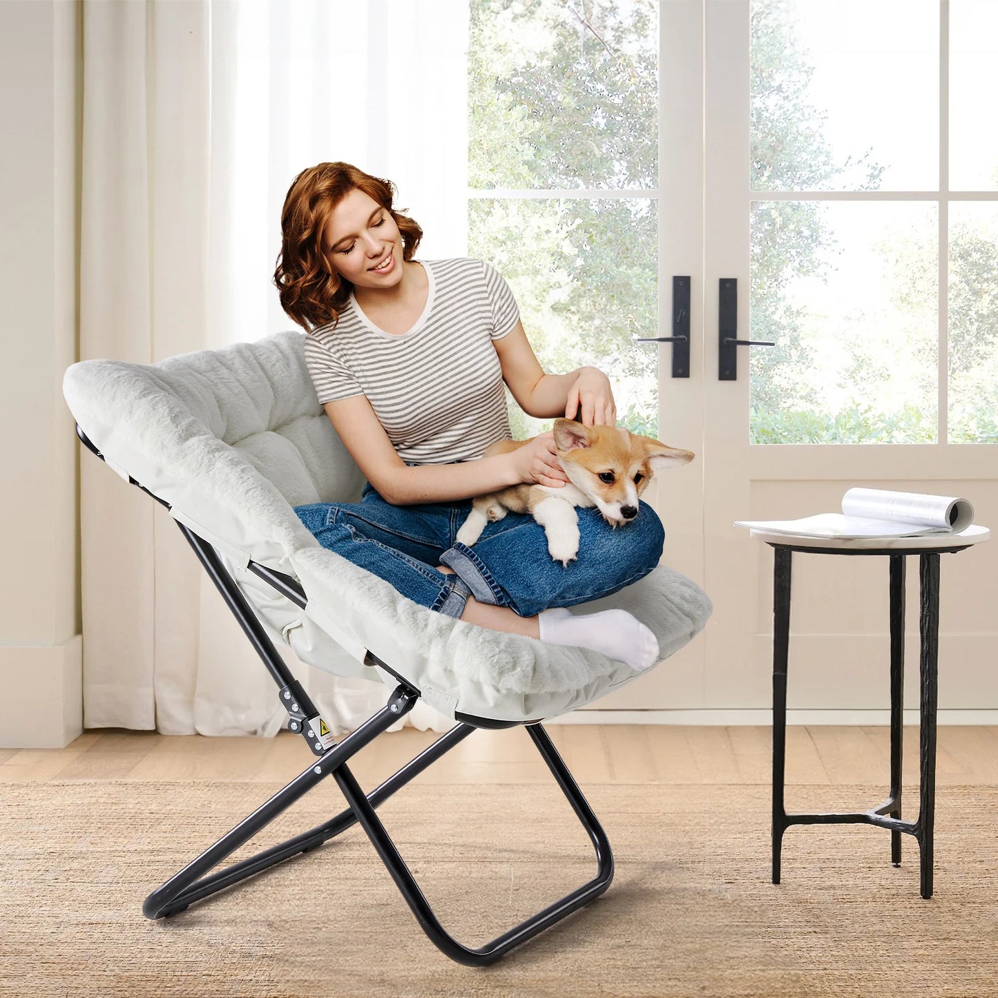 JHK Cozy Saucer Chair With Faux Fur Padded Seat Folding For Living Room