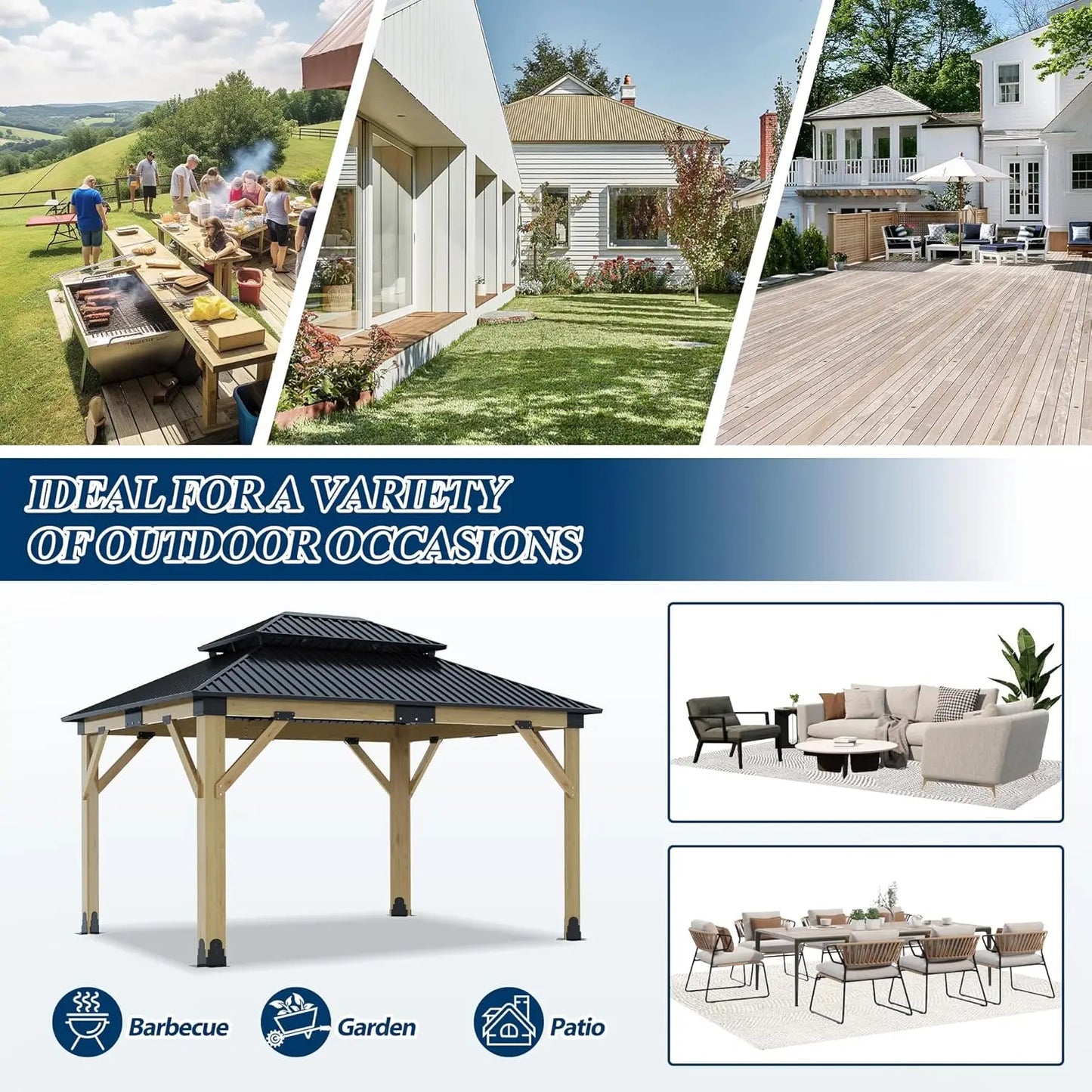 Wooden Outdoor Gazebo With Galvanized Steel Hardtop And UV Protection