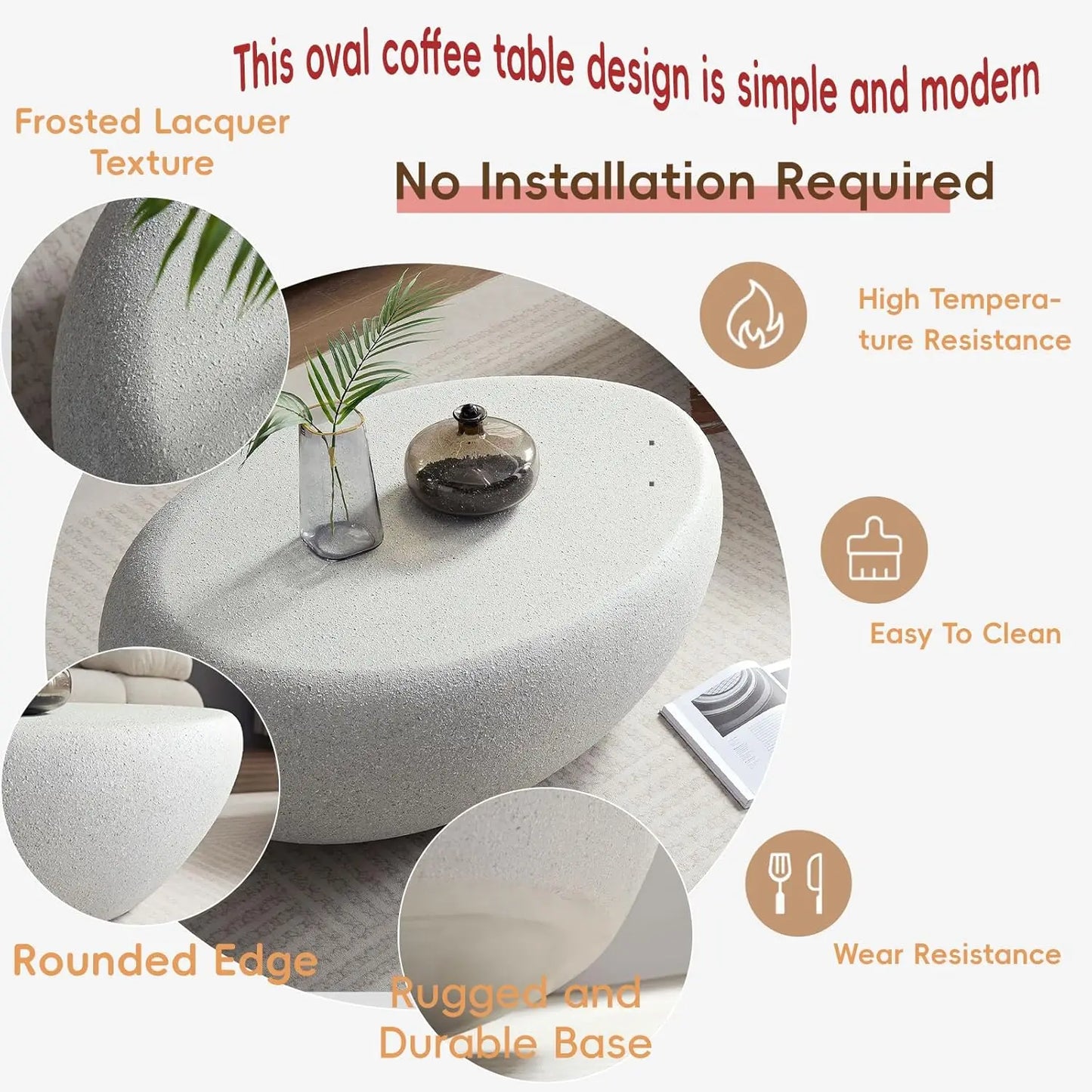 Oval Faux Stone Coffee Table Fiberglass Minimalist No Assembly