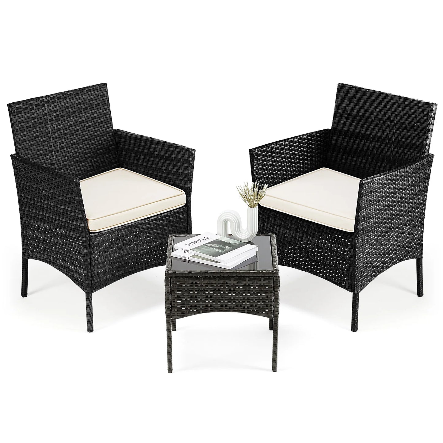 JHK 3-Piece Wicker Rattan Patio Furniture Set With Glass Table