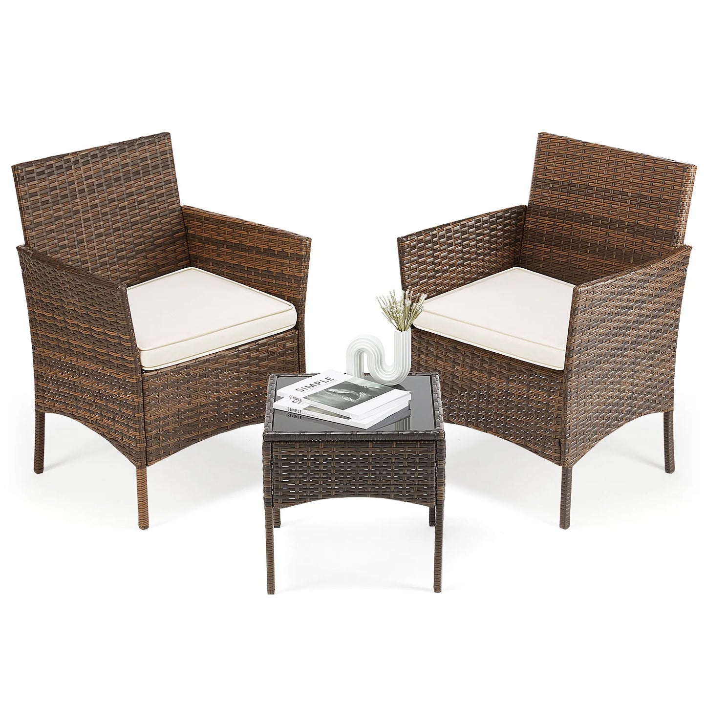 JHK 3-Piece Wicker Rattan Patio Furniture Set With Glass Table