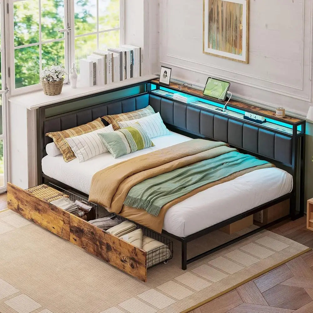 Corner Daybed With Storage LED Light And Charging Station