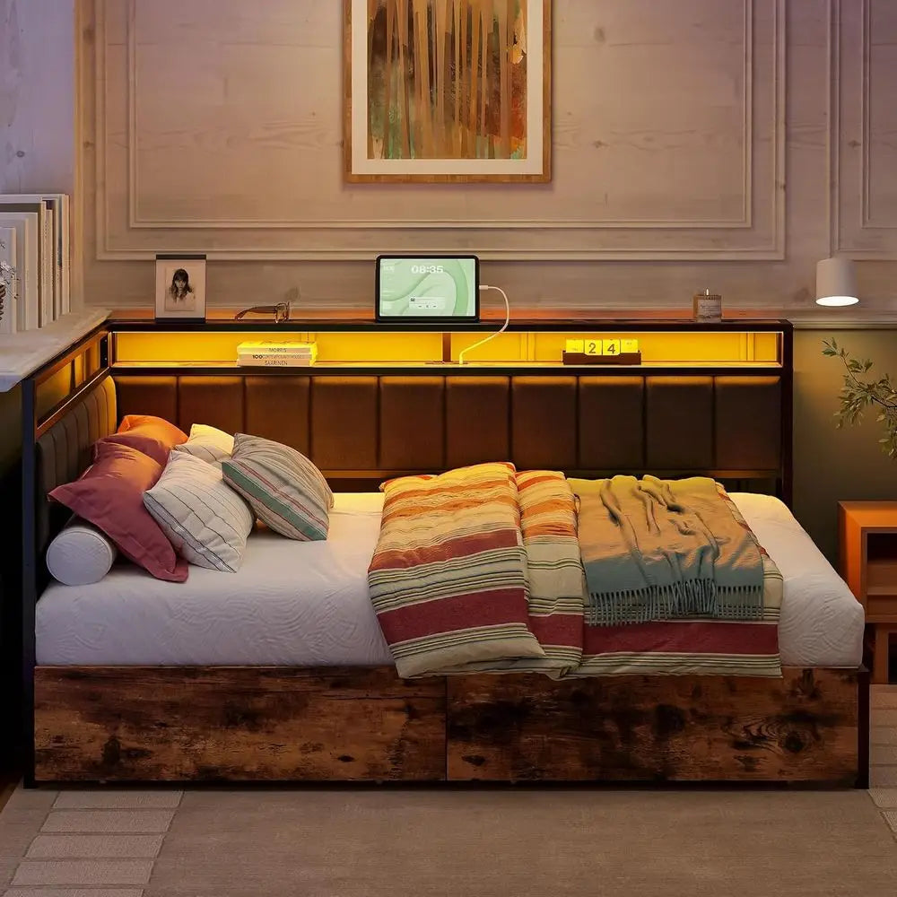 Corner Daybed With Storage LED Light And Charging Station