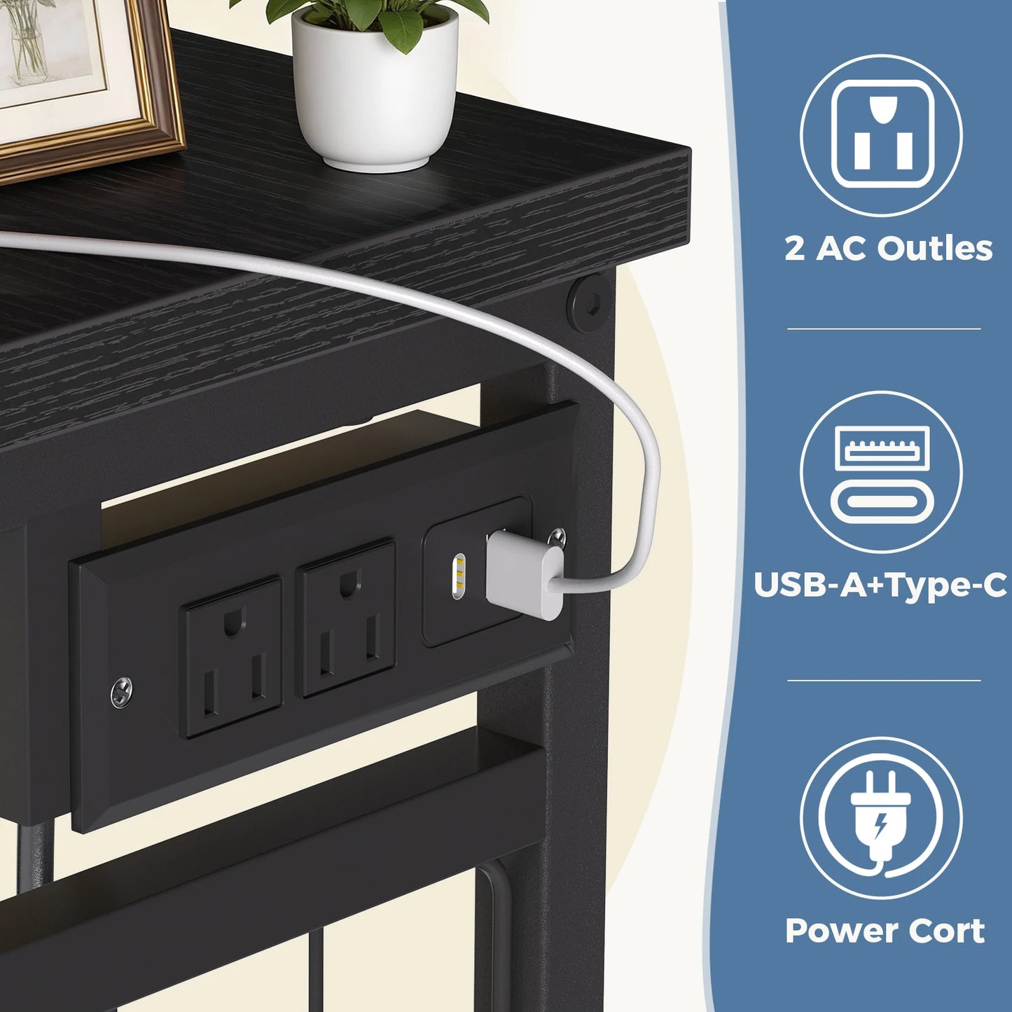 JHK Fabric Dresser With Hanging Rack Charging Station LED Lights