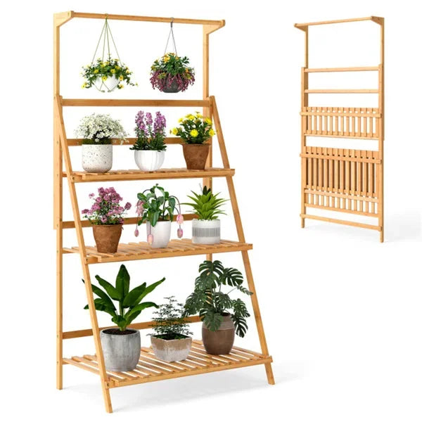 4-Tier Bamboo Hanging Plant Stand 2-in-1 Indoor Outdoor Display