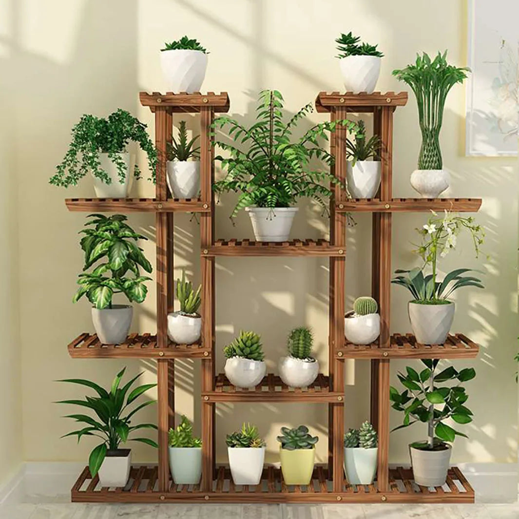11 Tier Wood Plant Stand Carbonized Pot Display Shelf Indoor