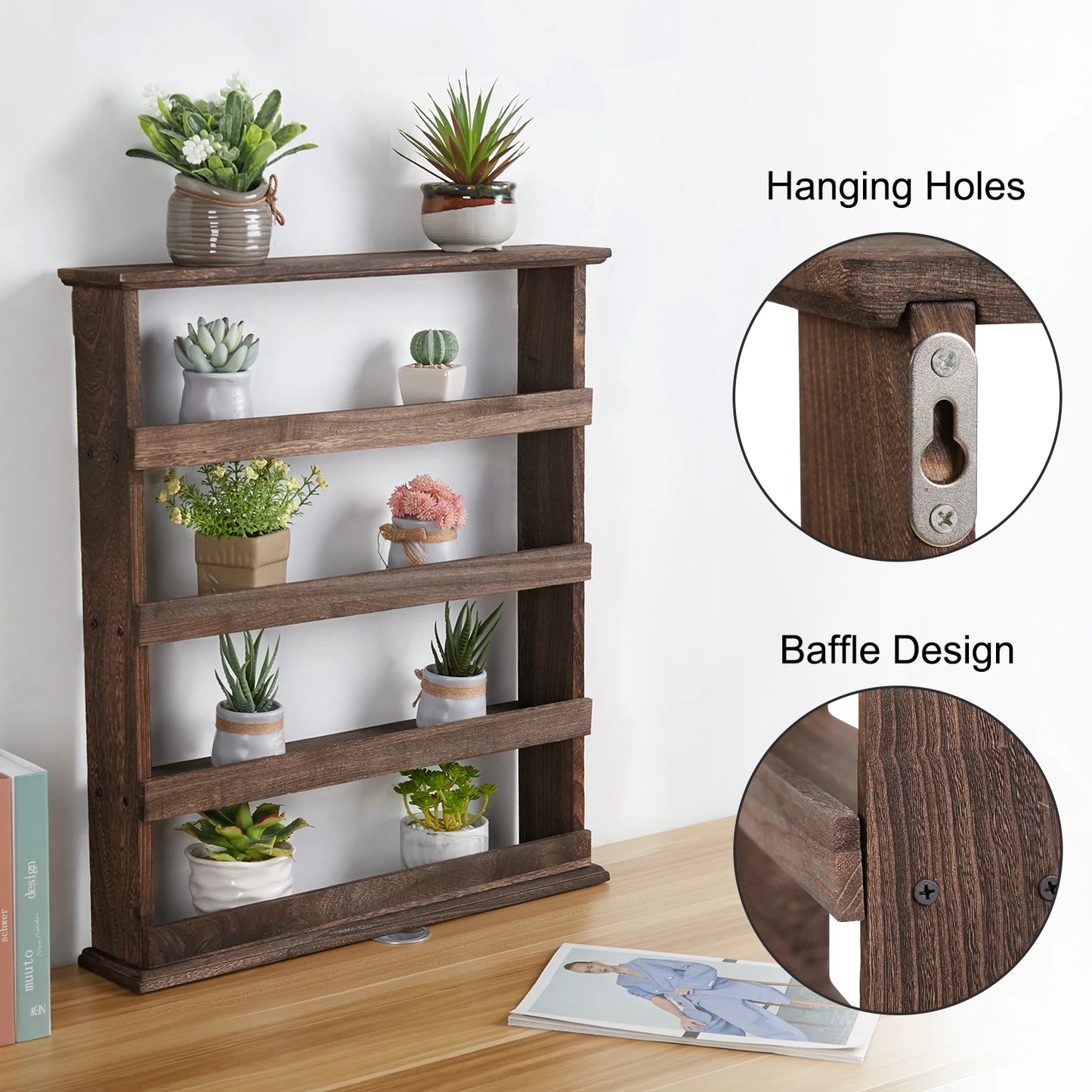 Rustic Torched Wood Wall Mount 4-Tier Spice Rack Organizer