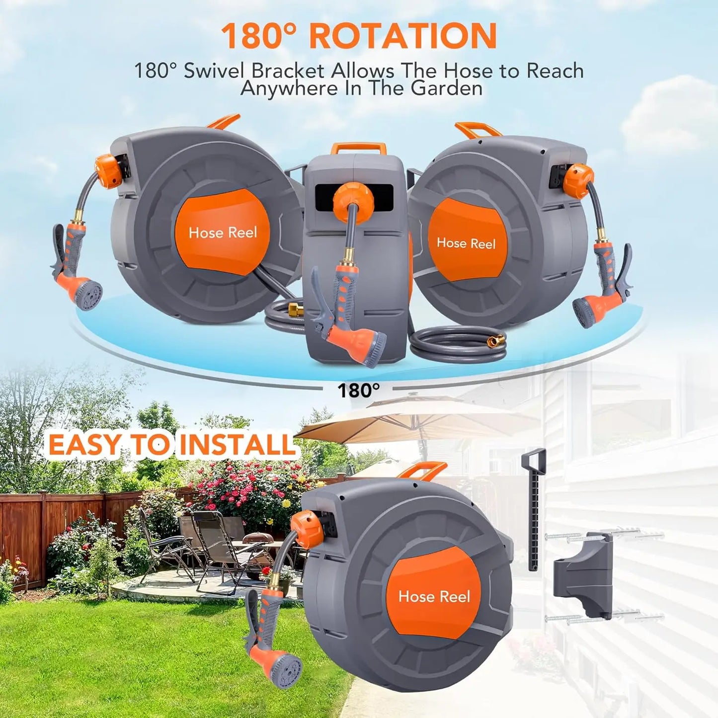 TWISTER.CK Retractable Garden Hose Reel With 9-Function Sprayer Nozzle