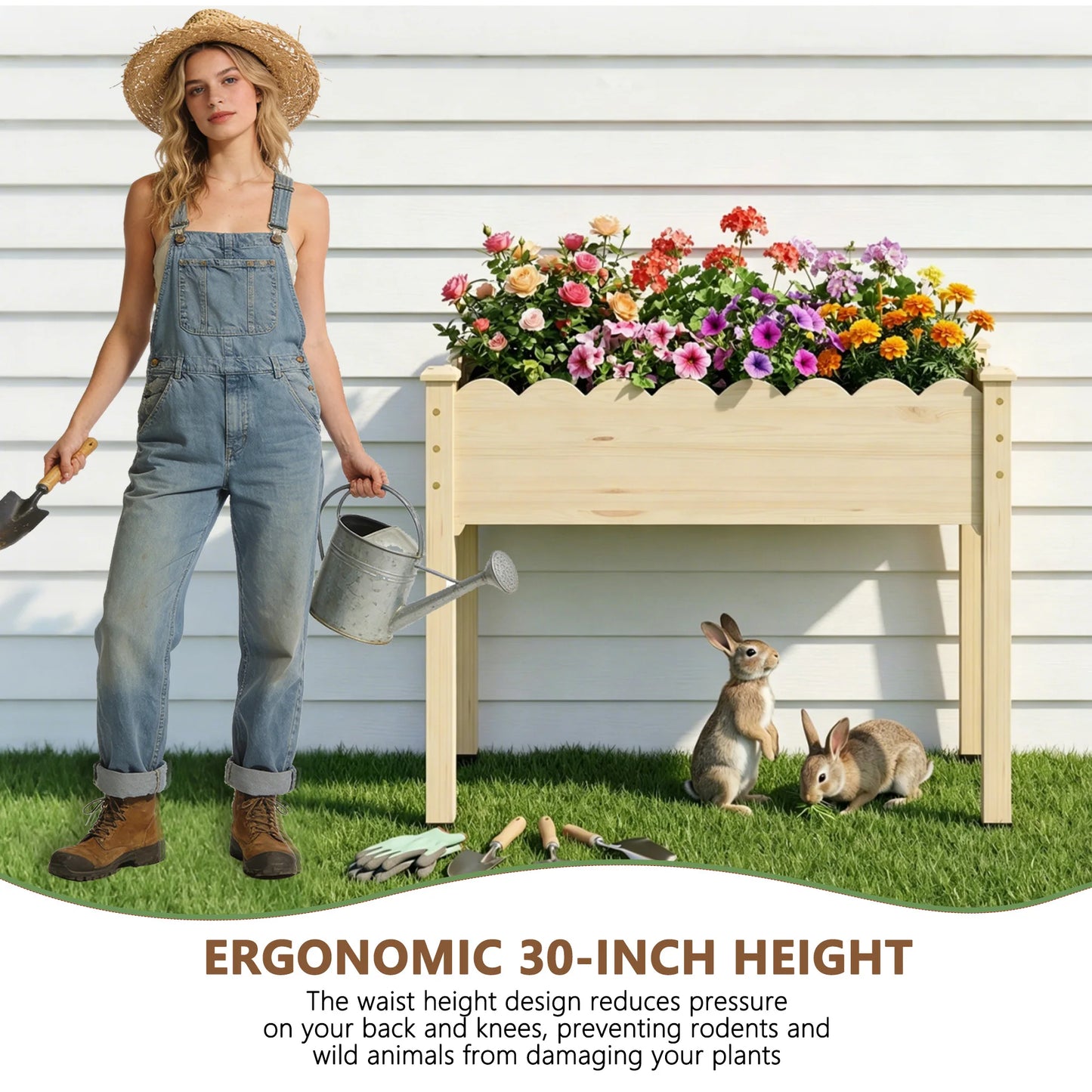 Wood Raised Bed Planter Box With Shelf For Balcony Garden