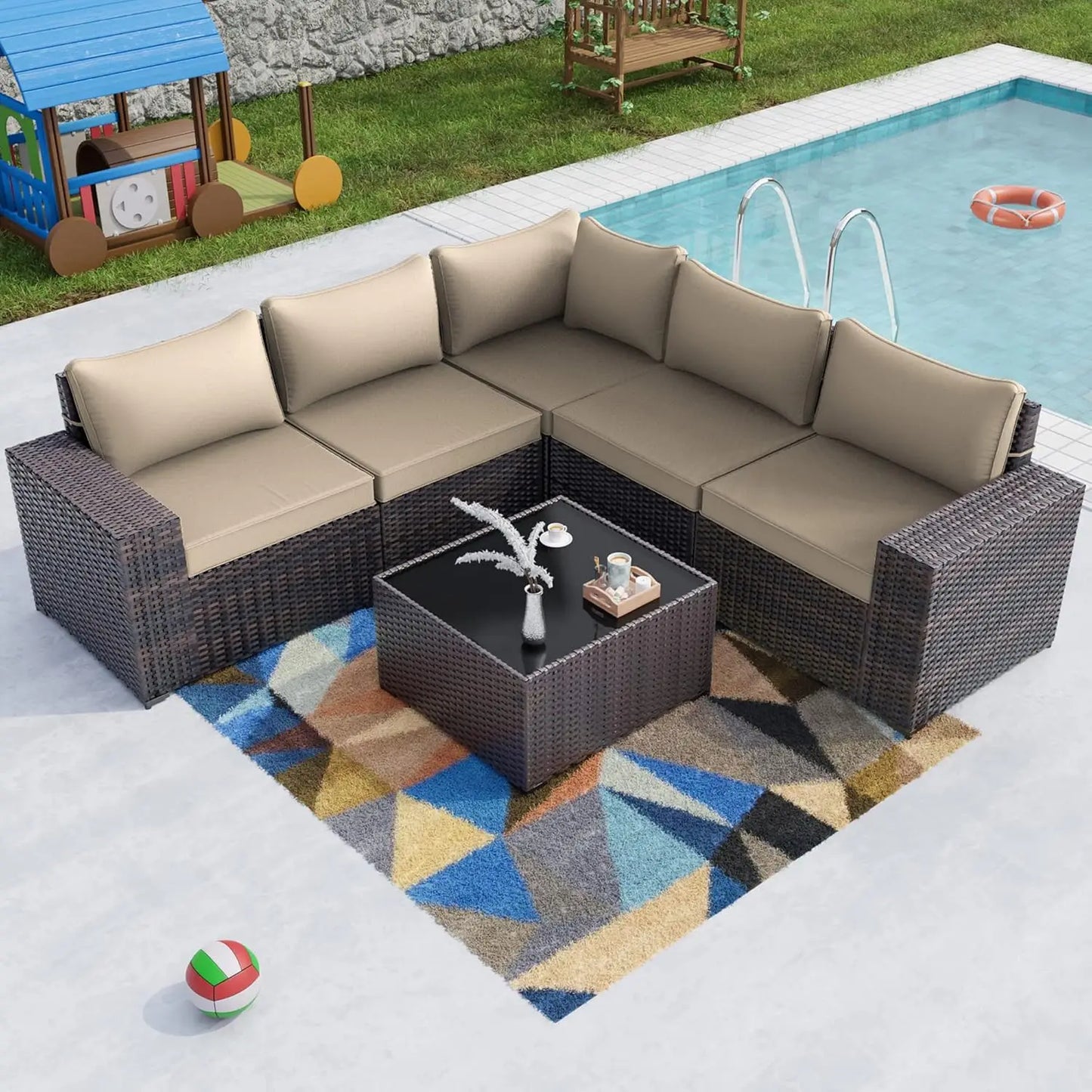 Frame 6-Piece Outdoor Patio Sectional Furniture Set In PE Rattan
