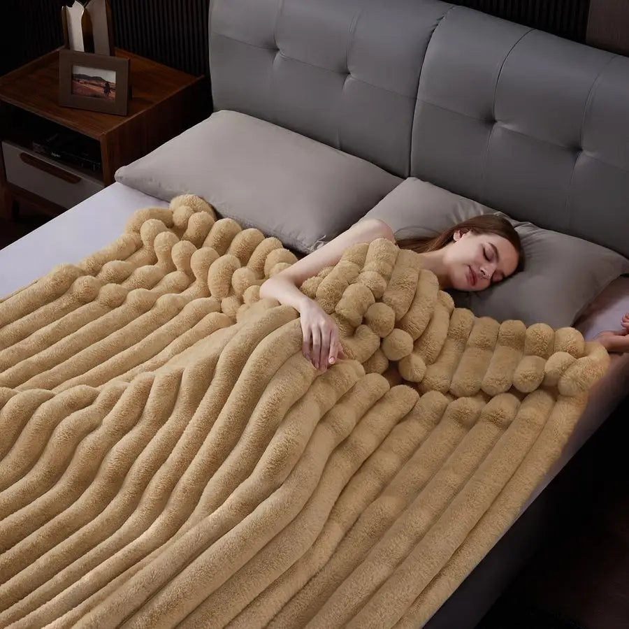 Faux Fur Throw Blanket 1000GSM Thick Plush Striped Cozy