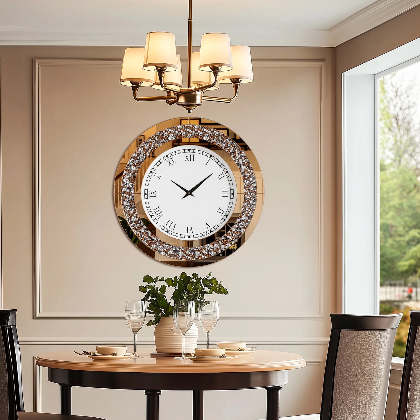 Round Mirror Clock With Crystal Accents For Wall Decor