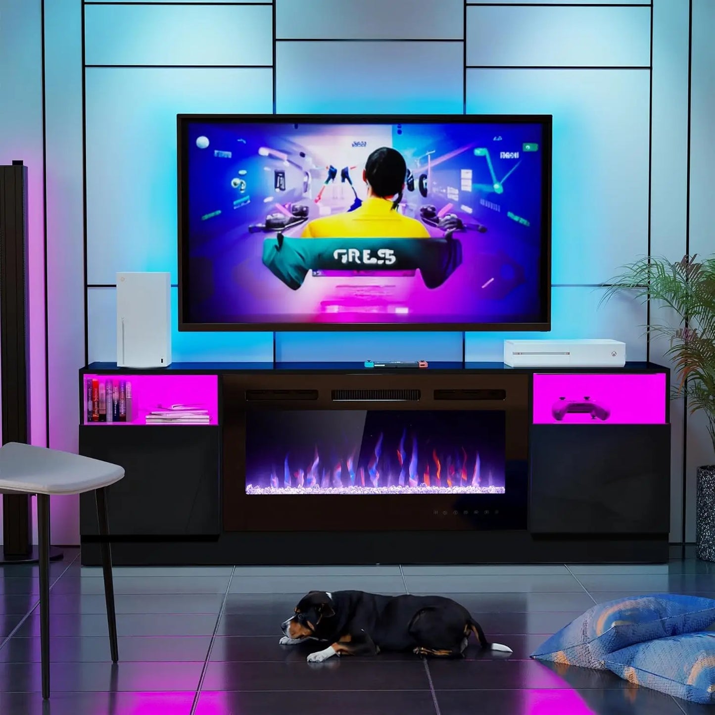 Electric Fireplace TV Stand With LED Lights Entertainment Center Storage