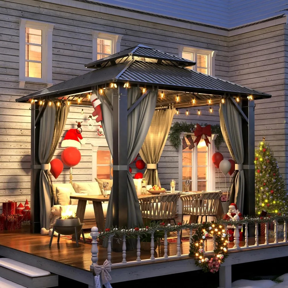 DUOFU Aluminum Hardtop Gazebo With Double Vent Roof Netting Curtains