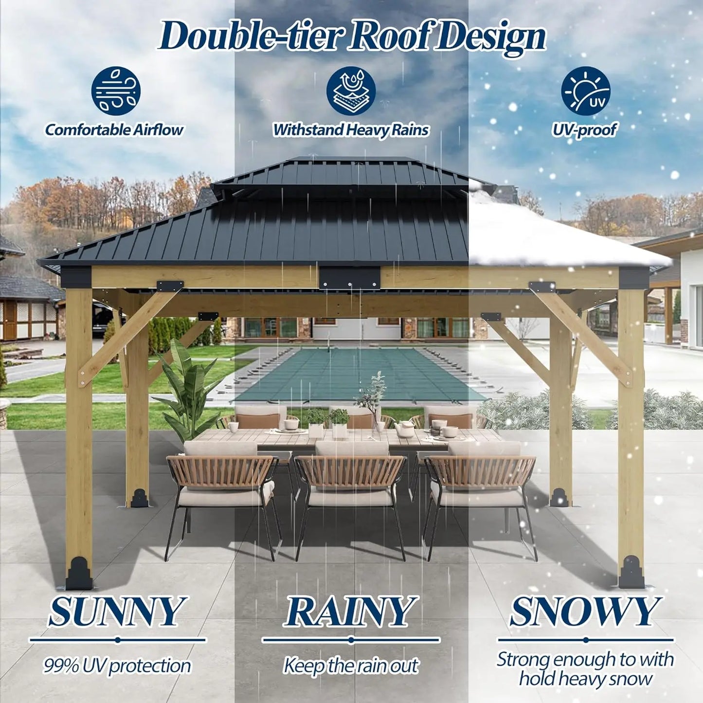 Wooden Outdoor Gazebo With Galvanized Steel Hardtop And UV Protection
