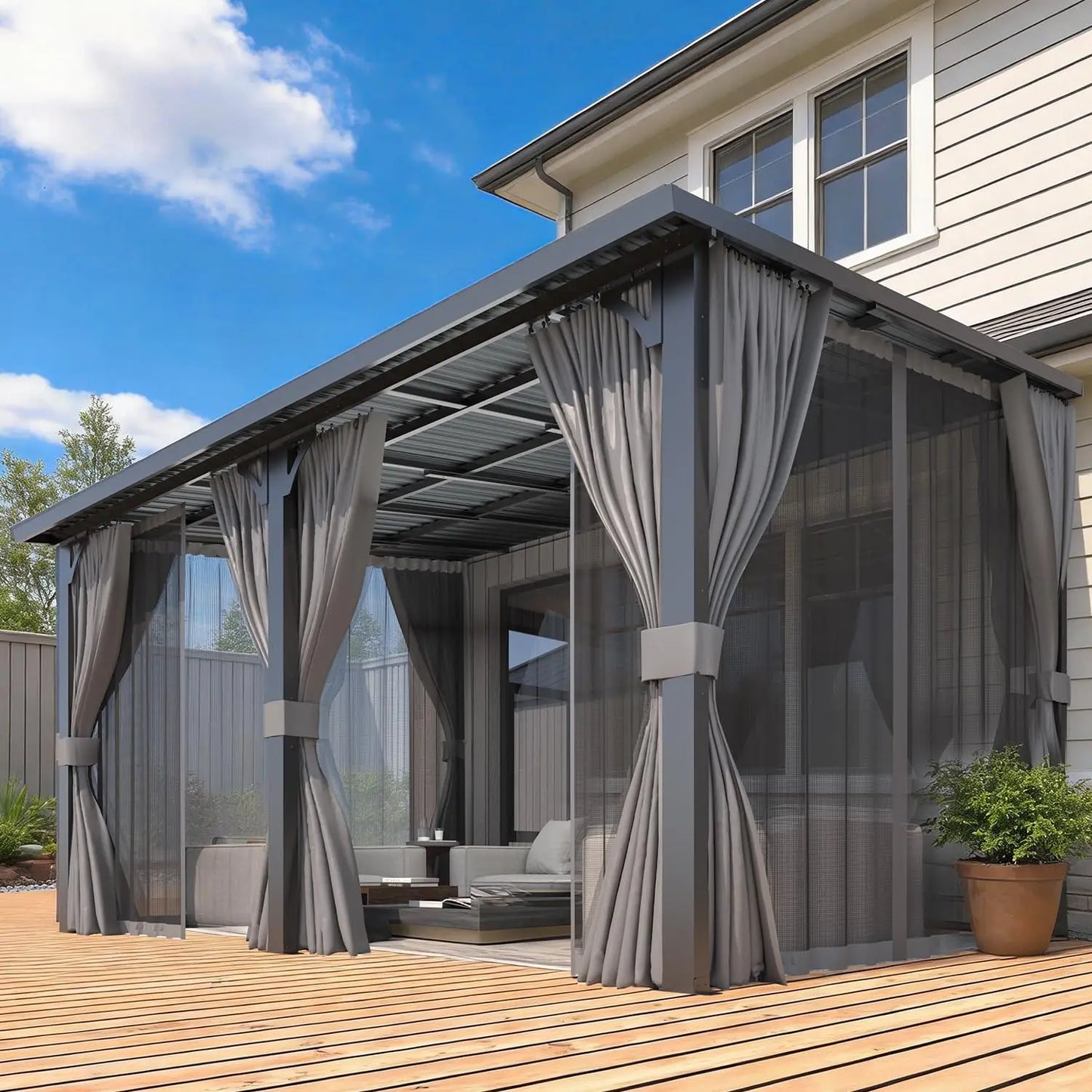 Hard Top Lean-To Gazebo Pergola Curtains Netting
