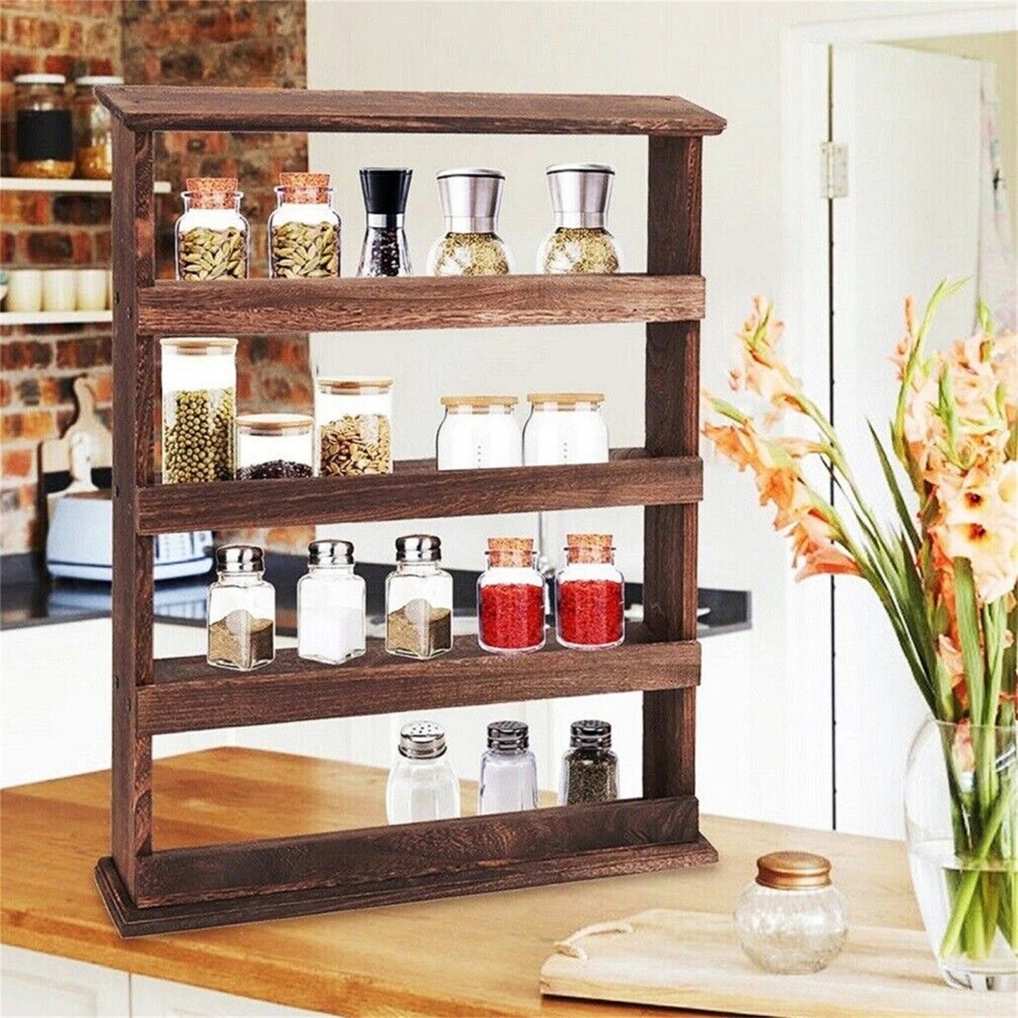 Rustic Torched Wood Wall Mount 4-Tier Spice Rack Organizer