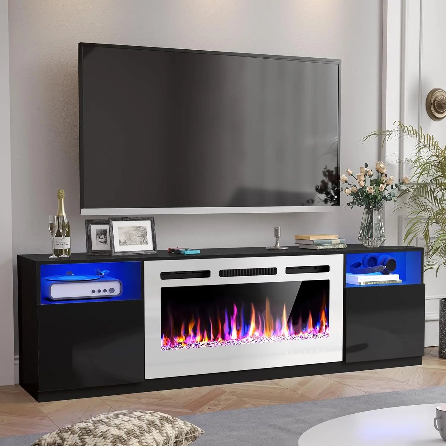 Electric Fireplace TV Stand With LED Lights Entertainment Center Storage