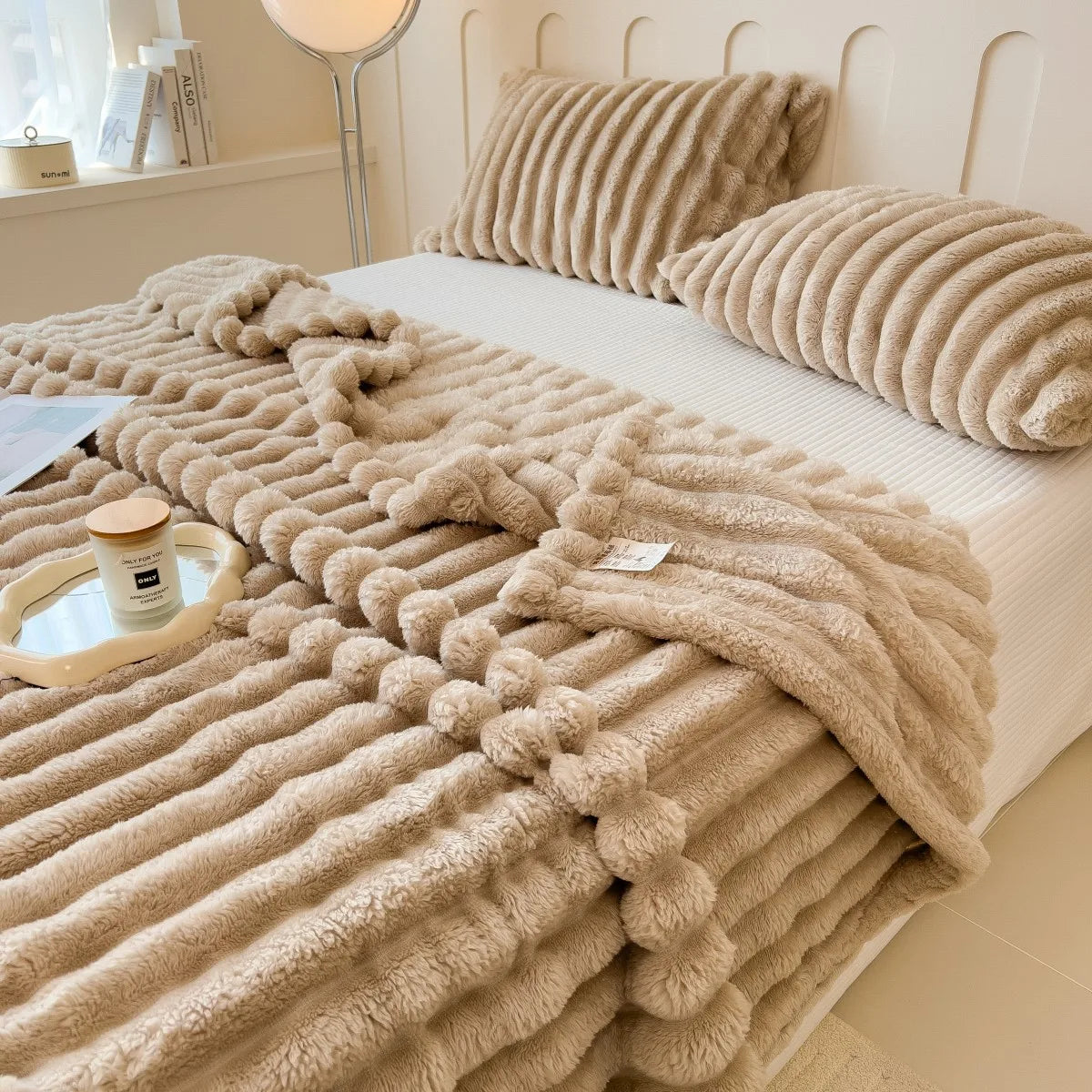 Thick Solid Color Wide Striped Multifunction Blanket for Bed