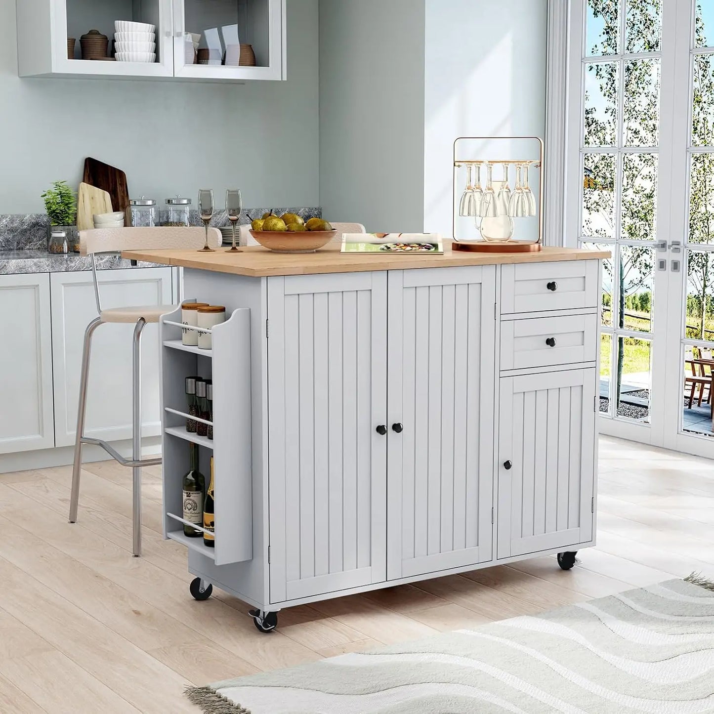Rolling Kitchen Island With Drop Leaf Spice And Towel Rack