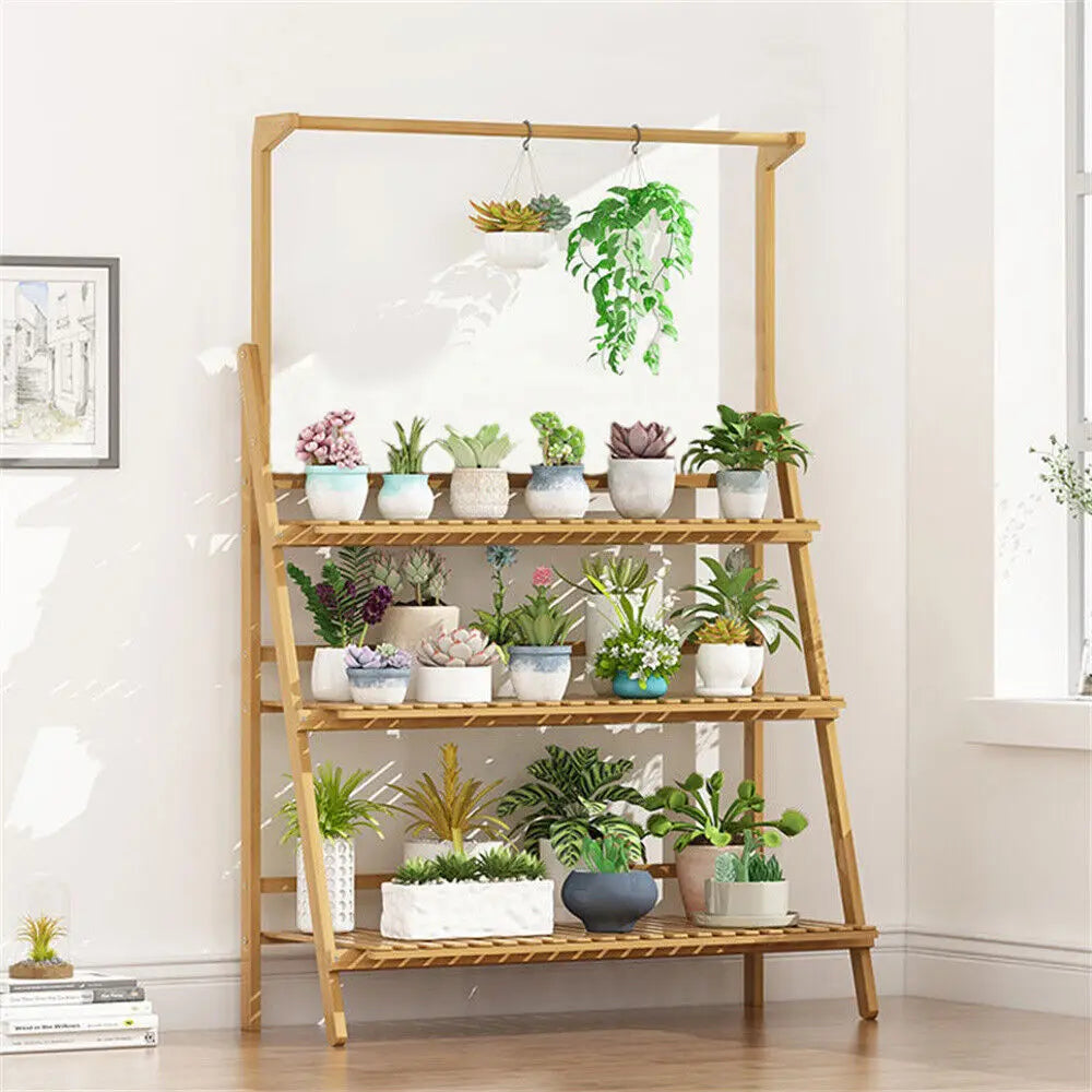 Folding Bamboo Plant Stand 3 Tier For Indoor Outdoor Use