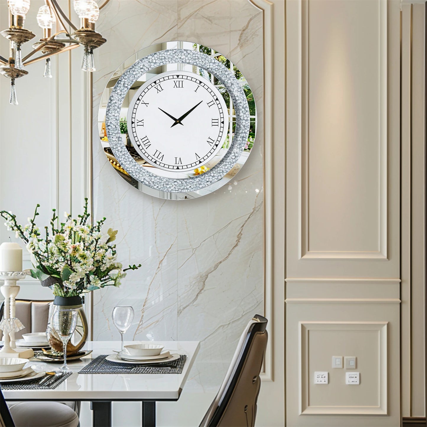 Round Mirror Clock With Crystal Accents For Wall Decor