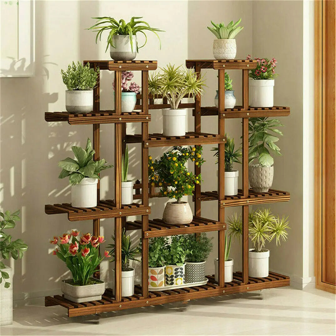 11 Tier Wood Plant Stand Carbonized Pot Display Shelf Indoor