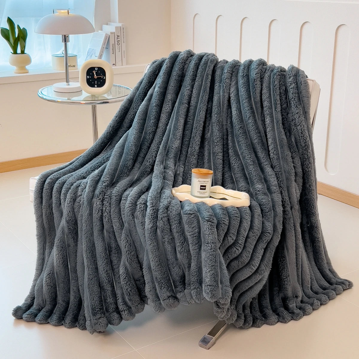 Thick Solid Color Wide Striped Multifunction Blanket for Bed
