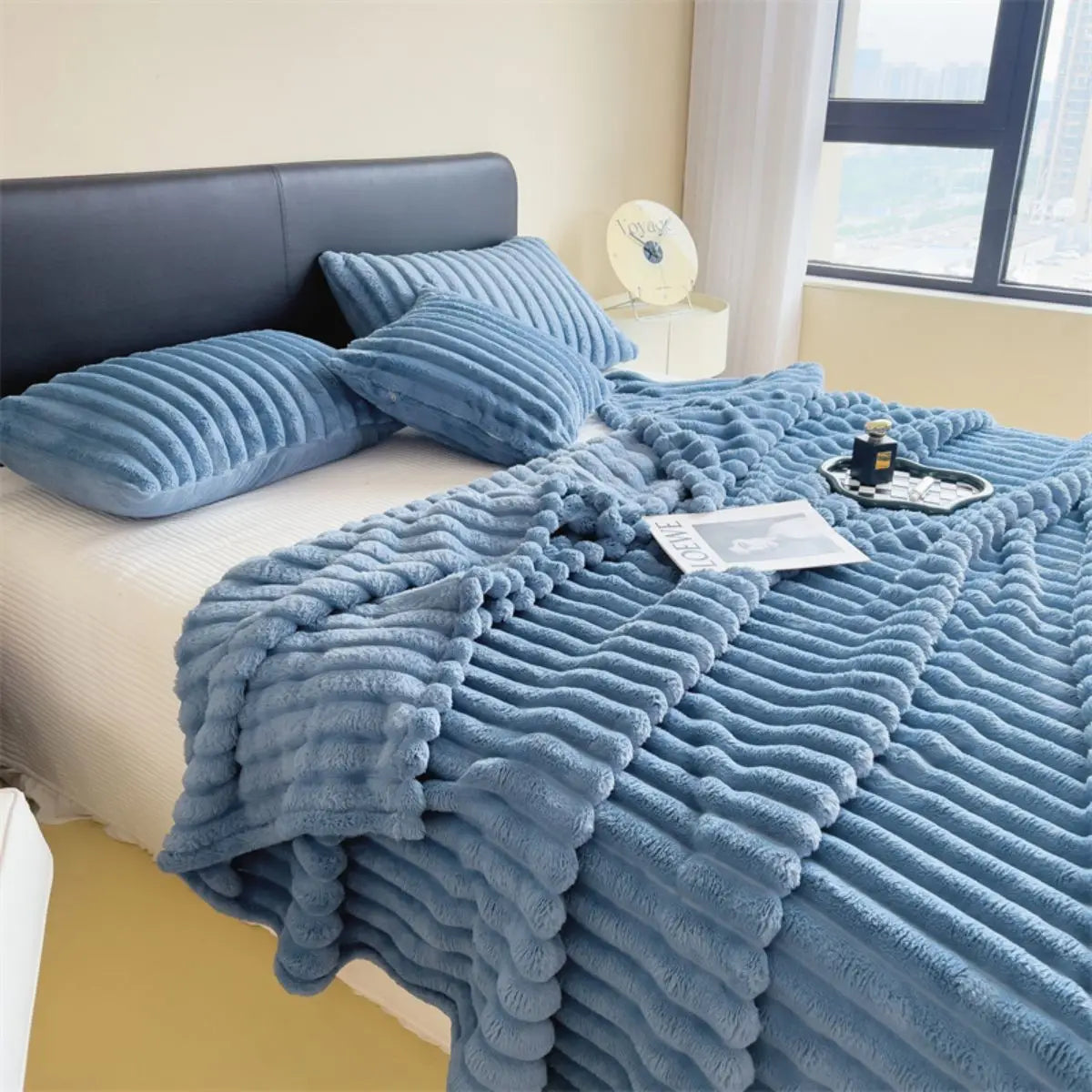 Thick Solid Color Wide Striped Multifunction Blanket for Bed