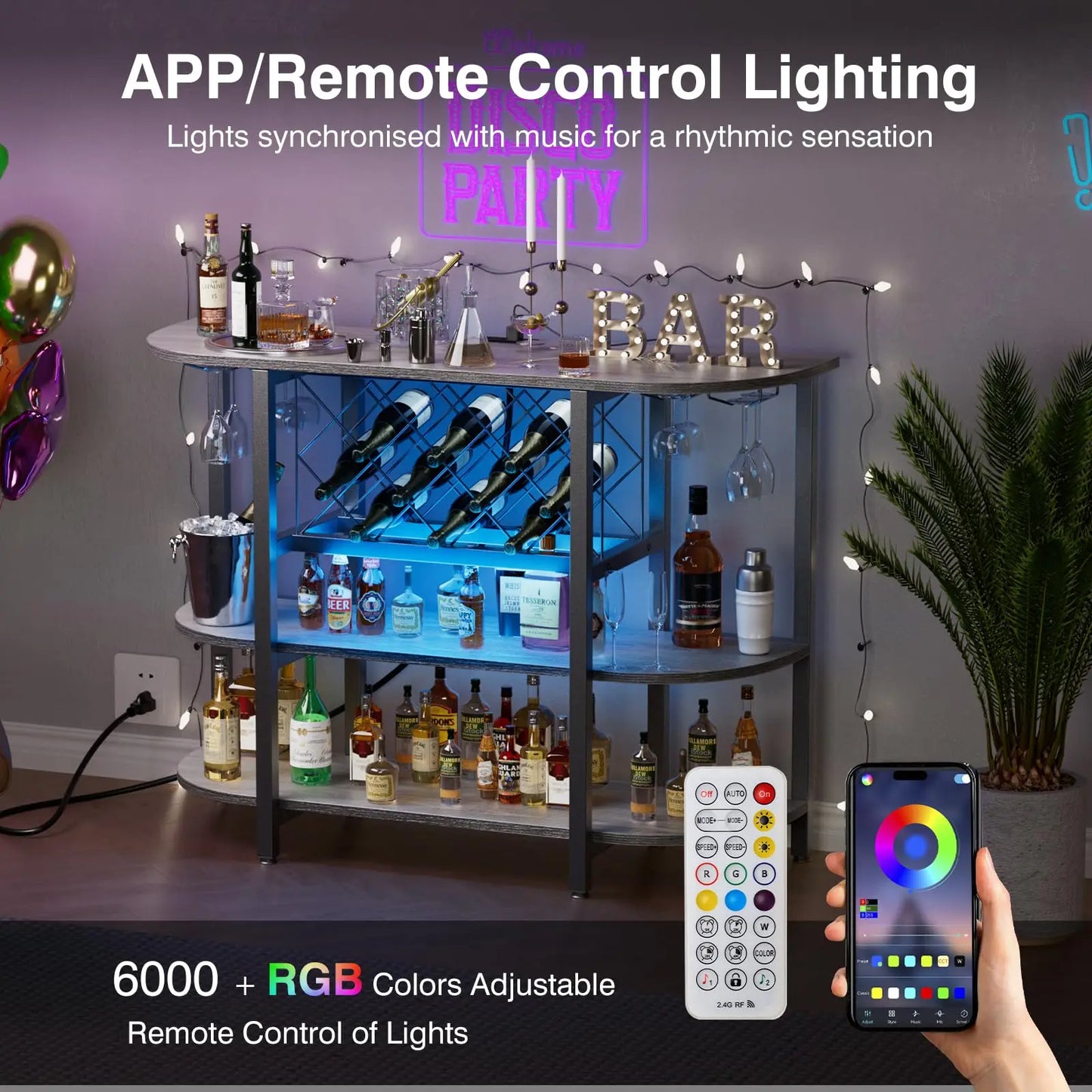 JHK Living Room LED Bar Cabinet With Storage And Charging