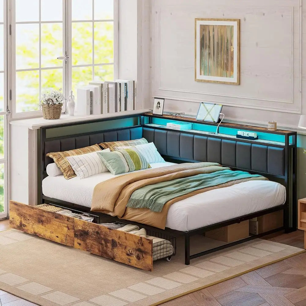 Corner Daybed With Storage LED Light And Charging Station
